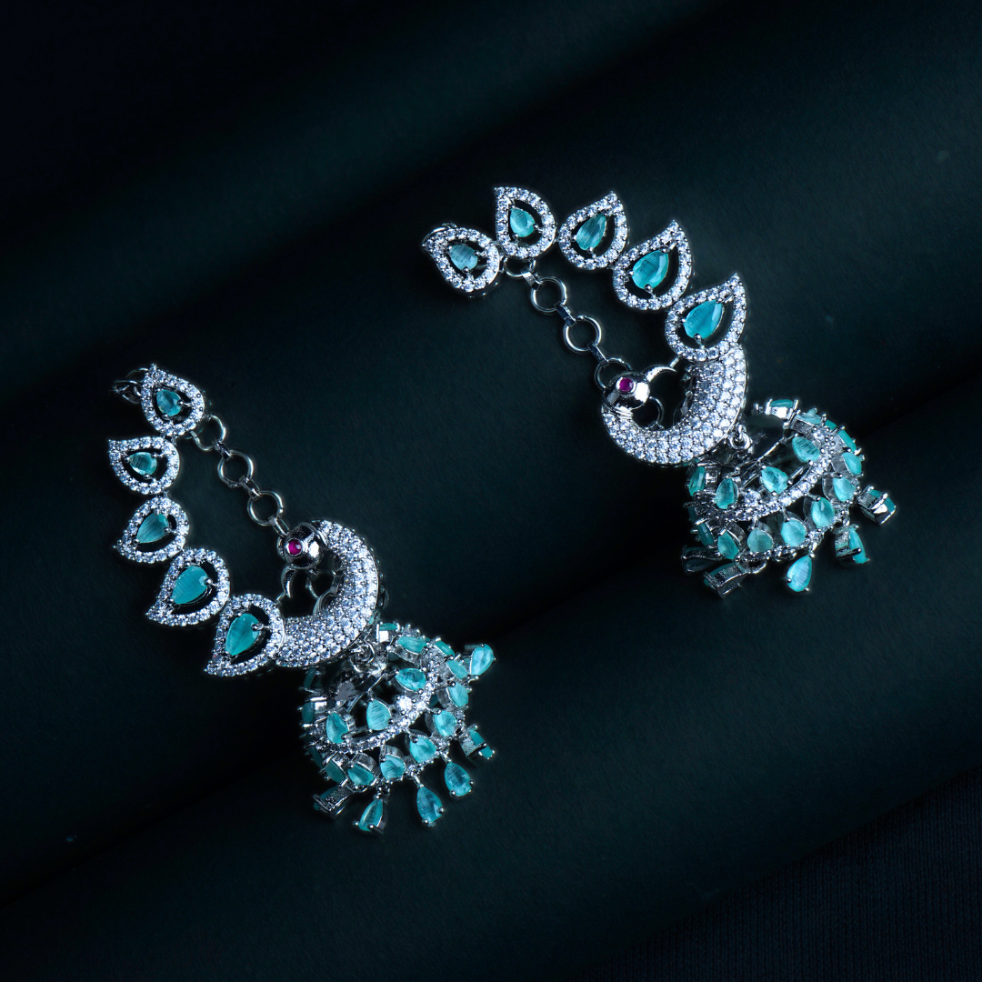 Seabreeze Sparkle Aqua Blue CZ Peacock Jhumka Earrings Close Up | Indian Jewellery | Saajo