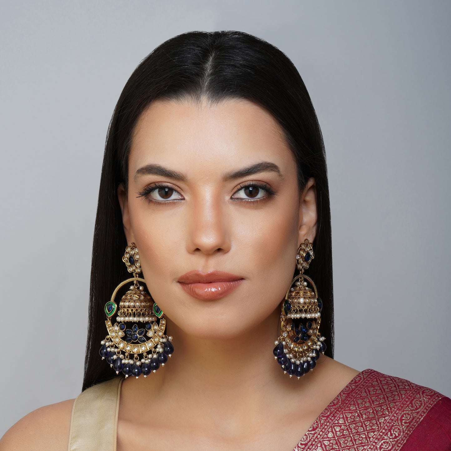 Moonlit Garland Blue & Green Bead Cascade Earrings Detail Shot | Traditional Jewellery | Saajo