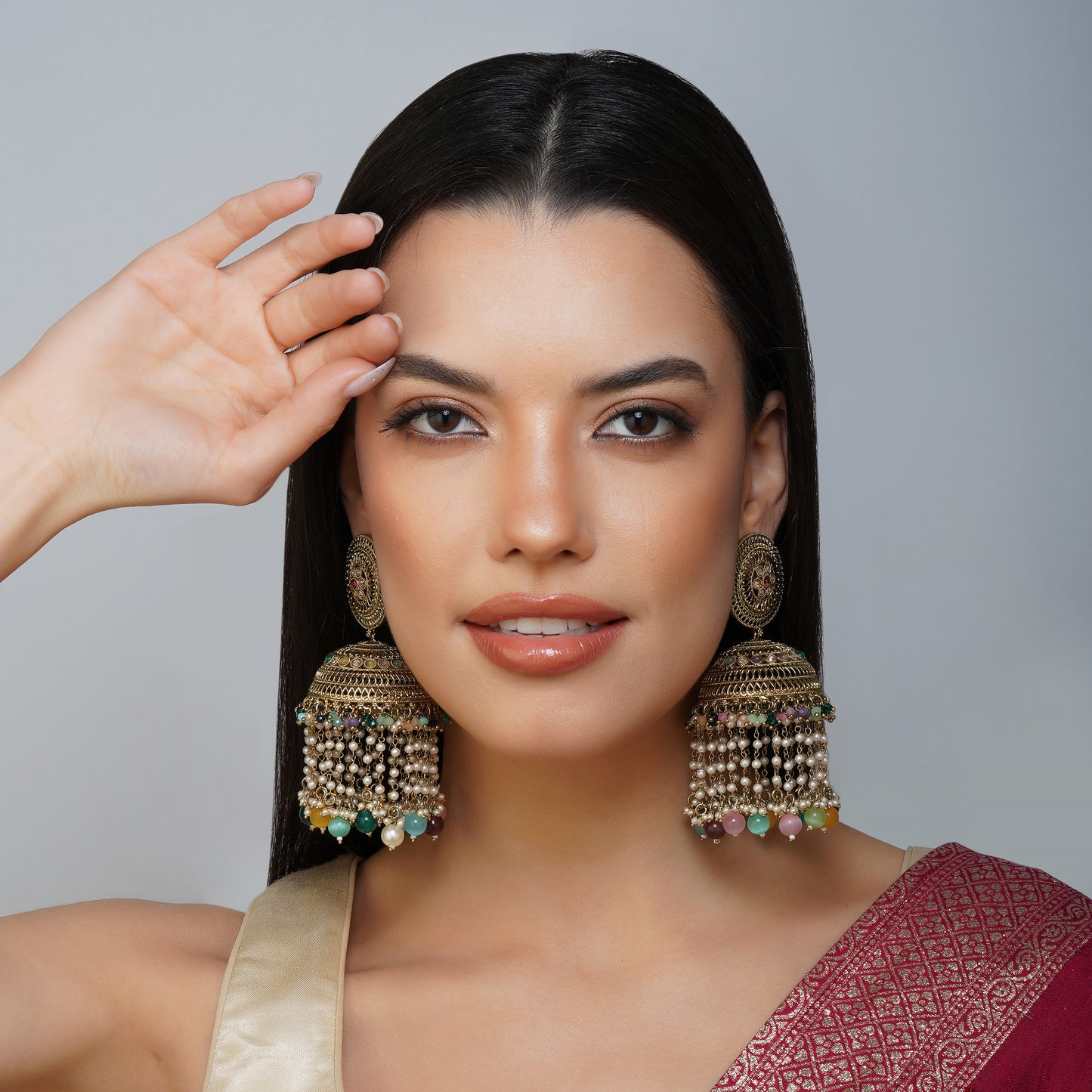 Colorburst Bloom Multicolour CZ Gemstone Jhumka Earrings Detail Shot | Traditional Jewellery | Saajo