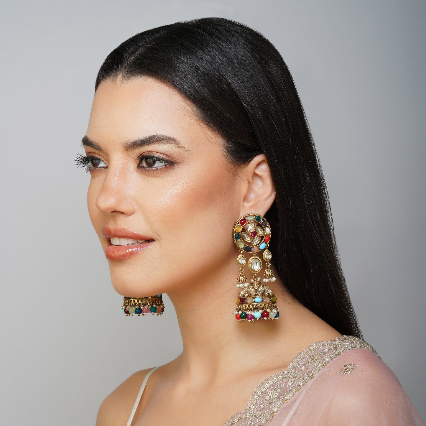 Chromatic Gemstone Halo Multicolour CZ Earrings Detail Shot | Traditional Jewellery | Saajo