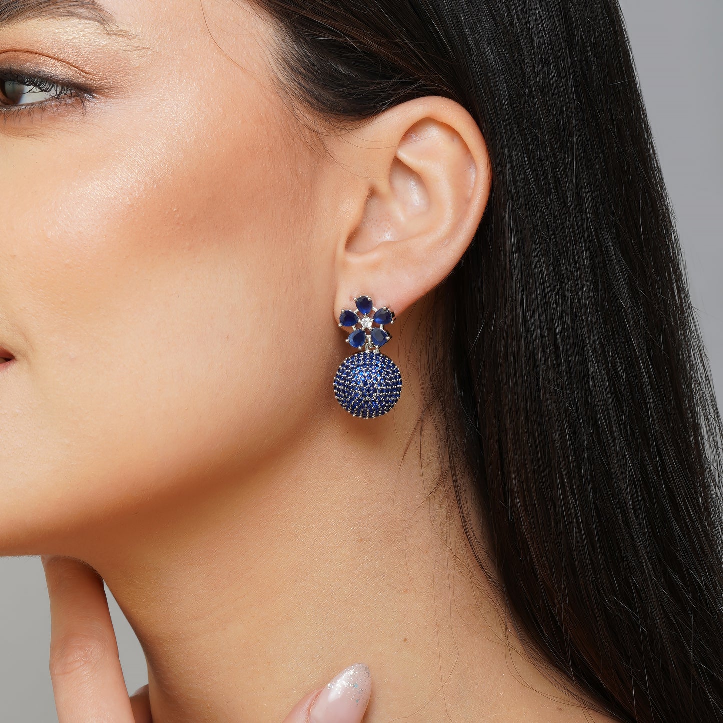 Delicate Bloom Azure Blue CZ Disco Drop Earrings Detail Shot | Traditional Jewellery | Saajo