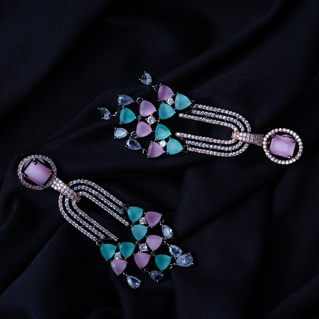 Electric Queen Fuchsia Pink & Sea Green CZ Dangler Earrings Close Up | Indian Jewellery | Saajo