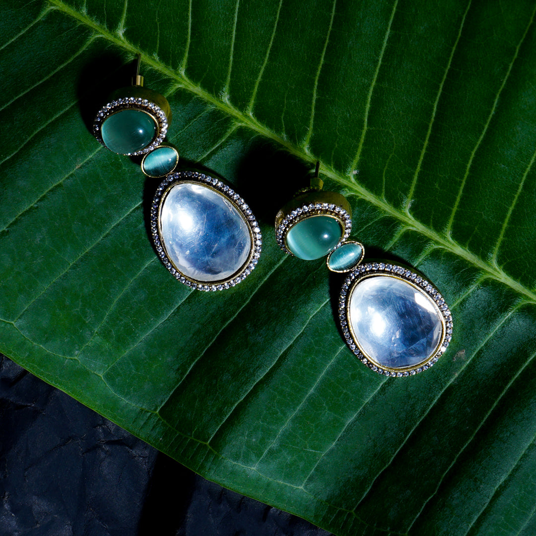 Moonlit Meadow Sage Green Kundan Dangler Earrings Close Up | Indian Jewellery | Saajo