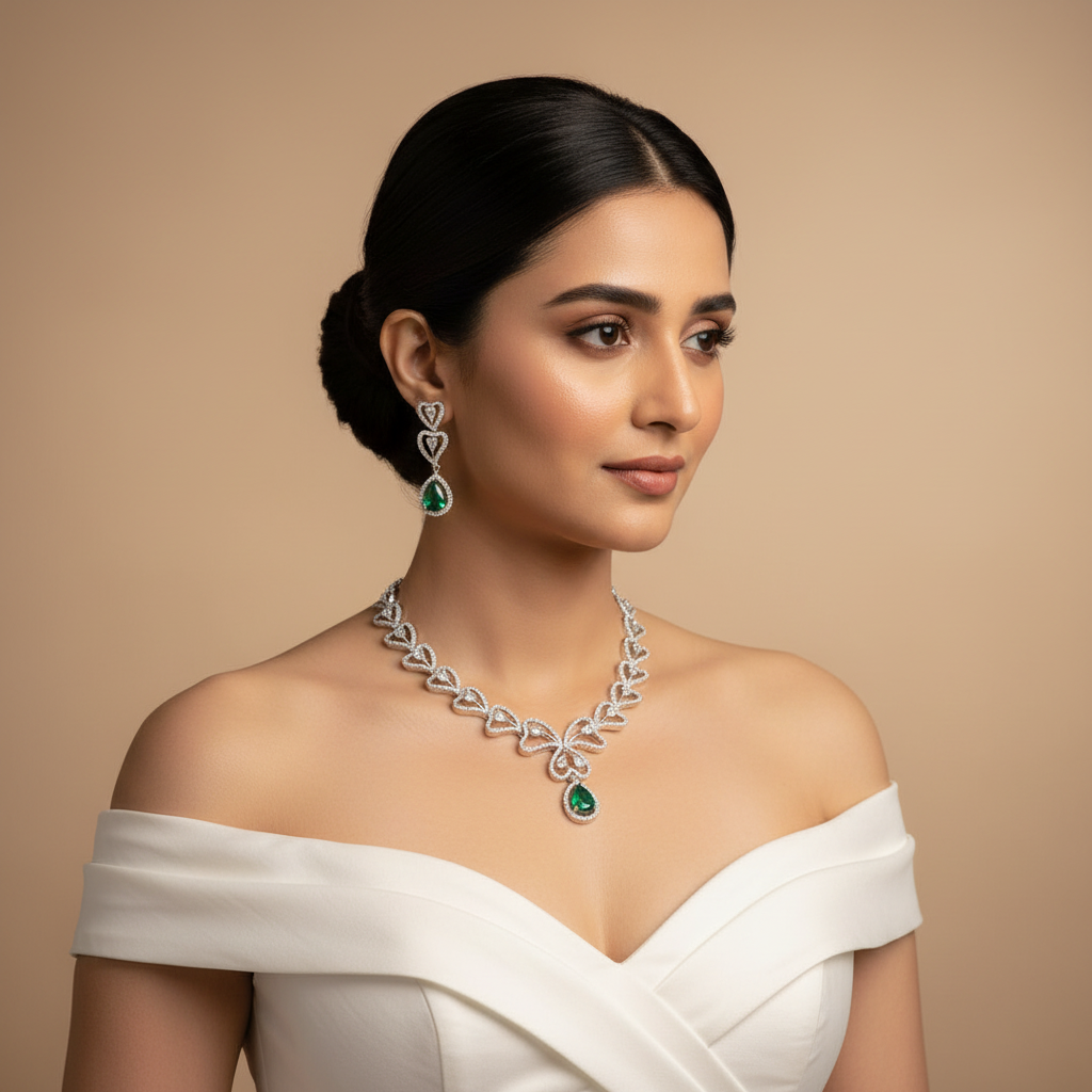 Enchanted Clover Green American Diamond Necklace Set Close Up | Indian Jewellery | Saajo