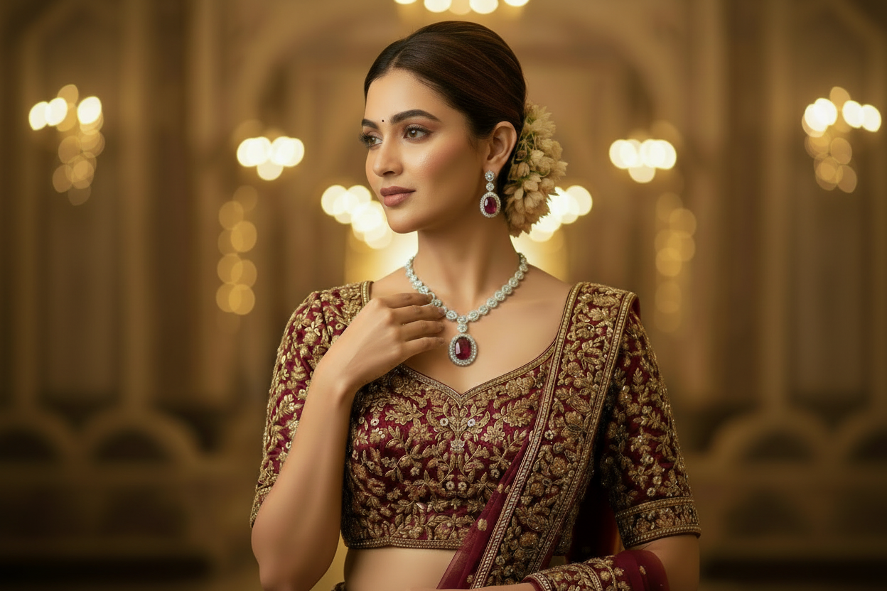 Everlasting Charm Blood Red American Diamond Necklace Set Close Up | Indian Jewellery | Saajo