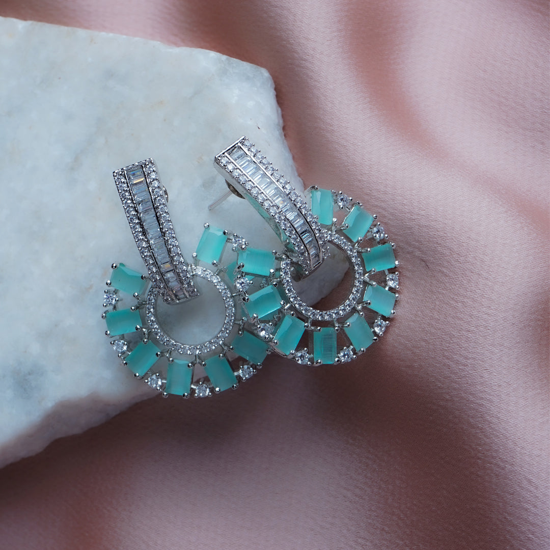 Oceanic Opulence Sea Green CZ Earrings Close Up | Indian Jewellery | Saajo