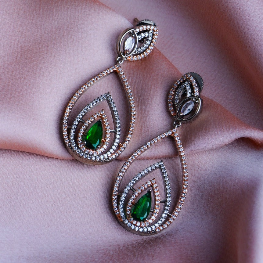 Nocturnal Nymph Jade Green CZ Dangler Earrings Close Up | Indian Jewellery | Saajo
