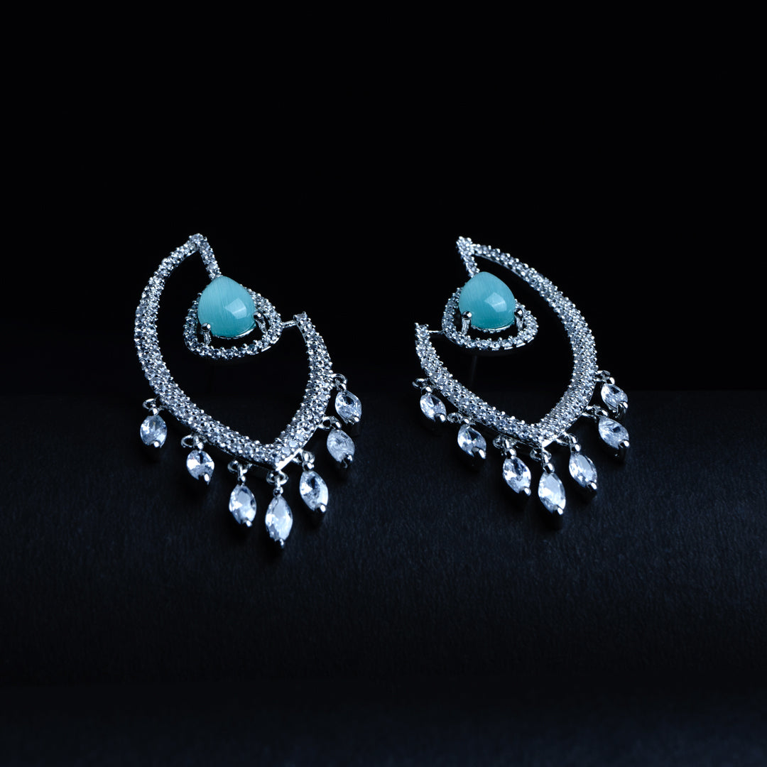 Mystical Hoots Azure Blue CZ Dangler Earrings Close Up | Indian Jewellery | Saajo
