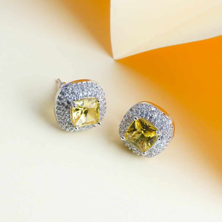 Chic Essentials Vivid Yellow CZ Stud Earrings Detail Shot | Traditional Jewellery | Saajo