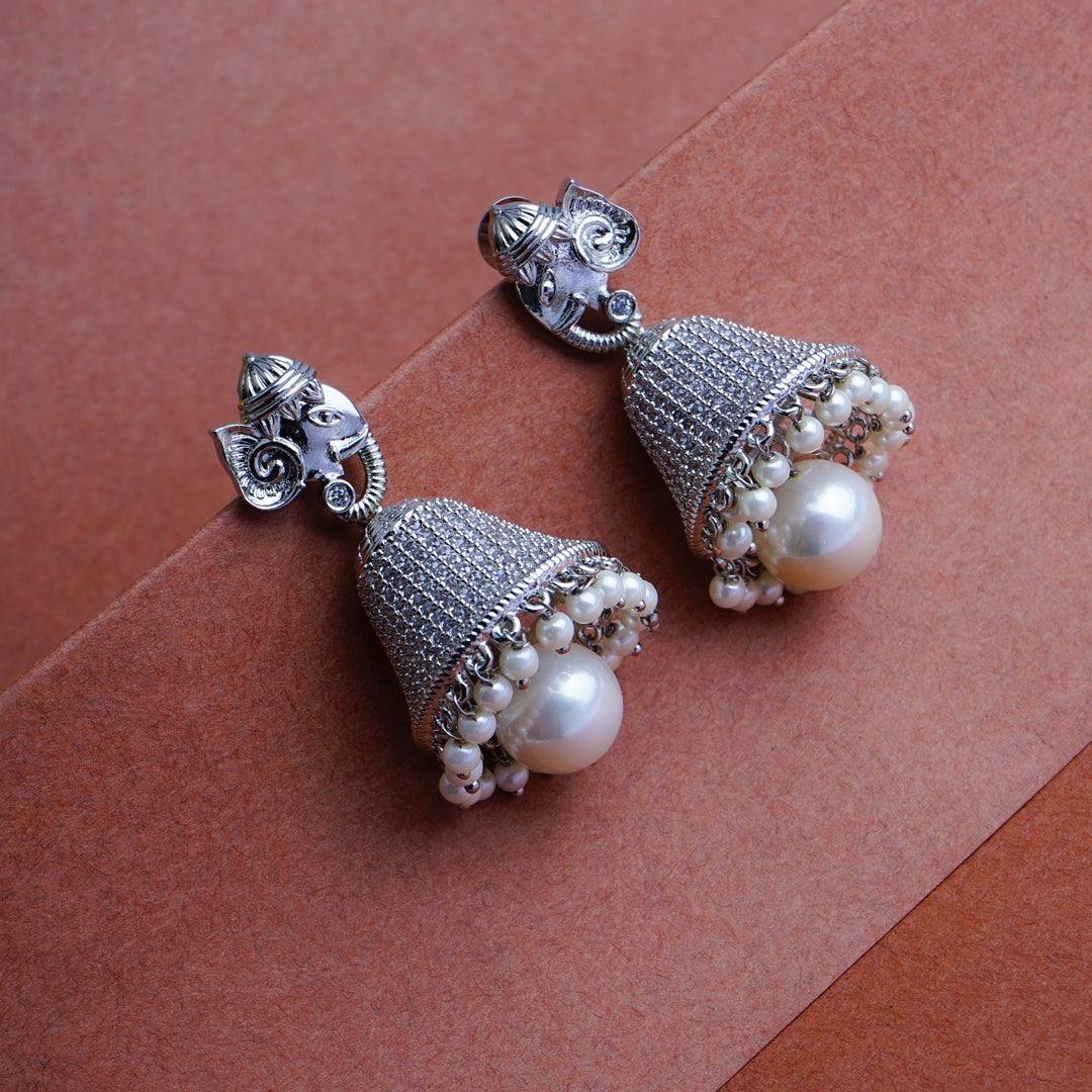 Ganesha Ethnic Fusion Pearl & CZ Jhumka Earrings Detail Shot | Traditional Jewellery | Saajo