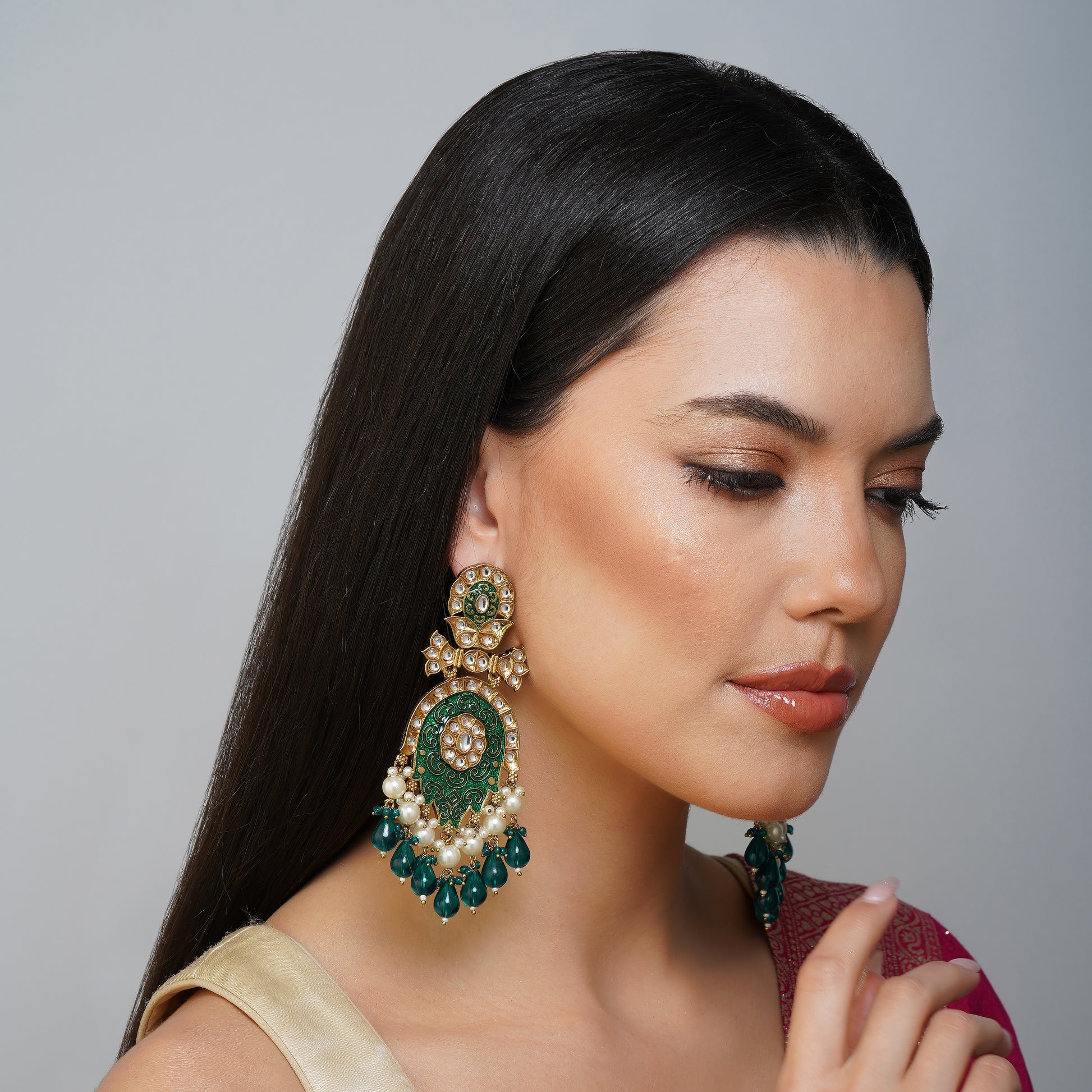 Lustrous Green Carved Pearl Drop Earrings Styled Look | Indian Jewellery | Saajo