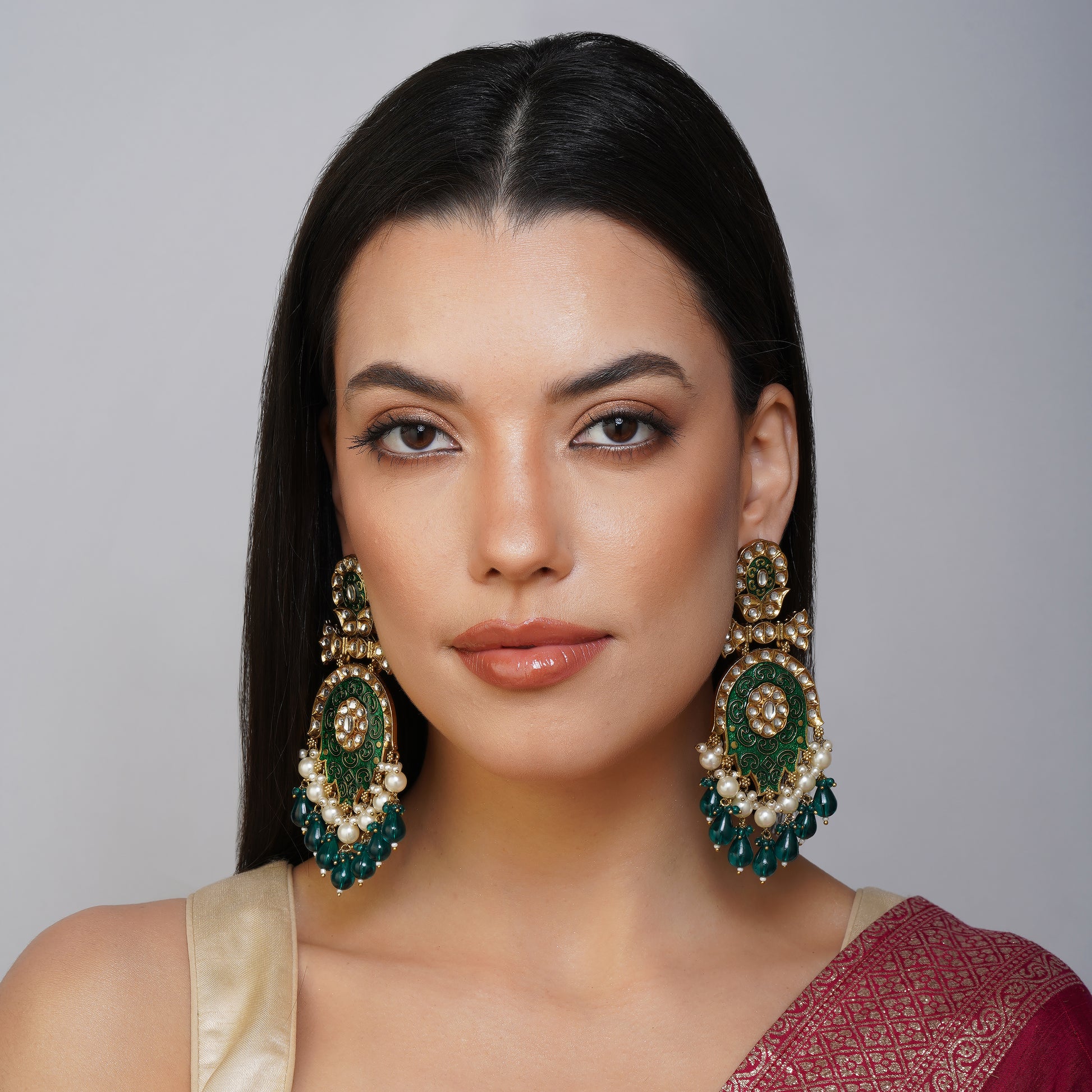 Lustrous Green Carved Pearl Drop Earrings Detail Shot | Traditional Jewellery | Saajo