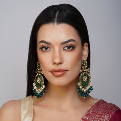 Lustrous Green Carved Pearl Drop Earrings Detail Shot | Traditional Jewellery | Saajo