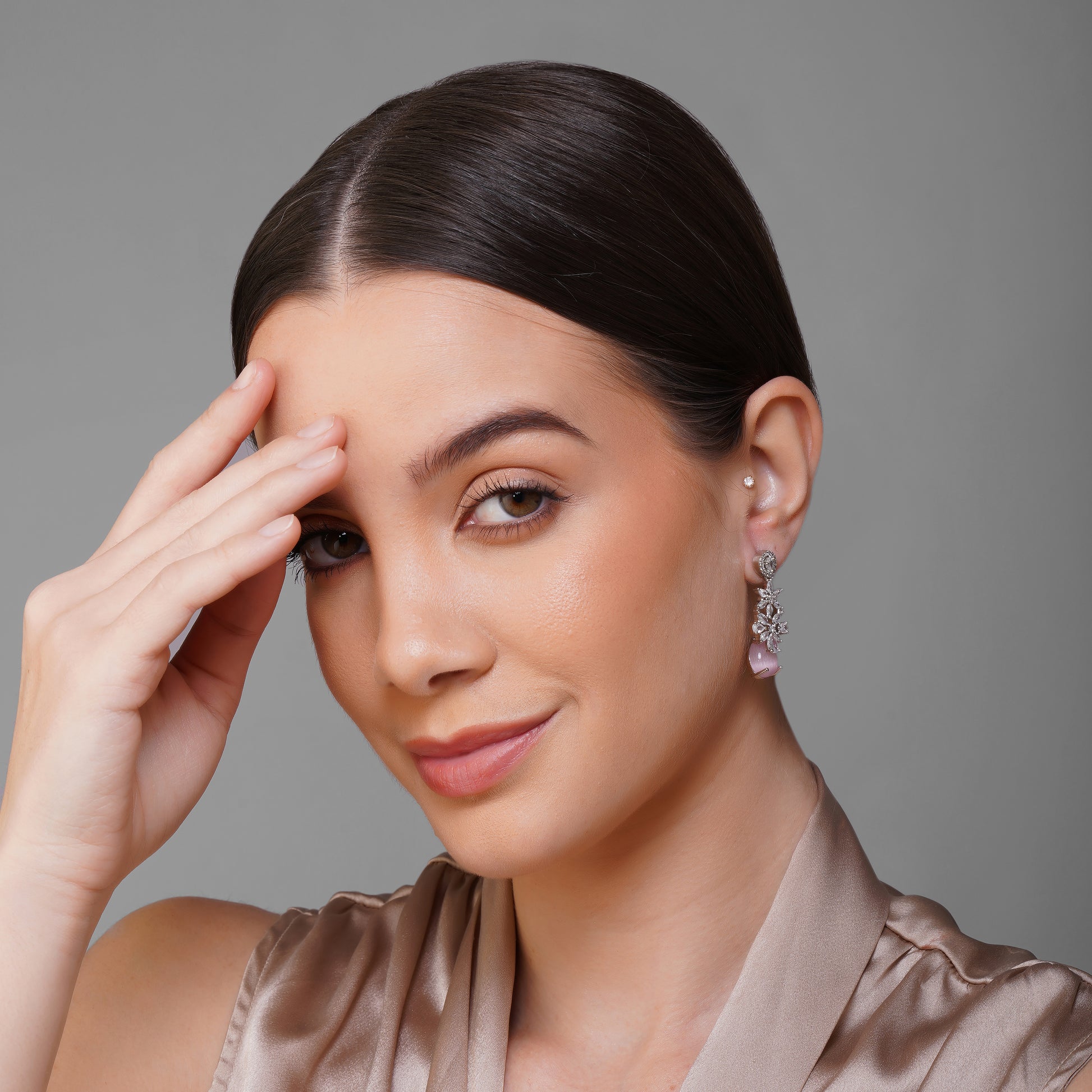 Blush Enchanted Forest Pink CZ Sparkle Earrings Close Up | Indian Jewellery | Saajo