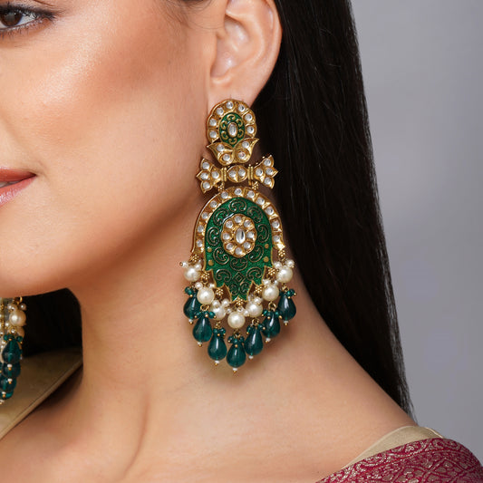 Lustrous Green Carved Pearl Drop Earrings | Premium Indian Jewellery | Saajo