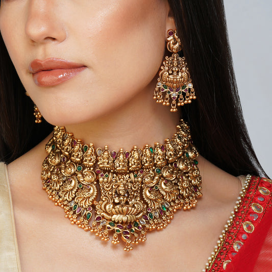 Opulent Goddess Laxmi Celebration Choker Necklace Set | Premium Indian Jewellery | Saajo