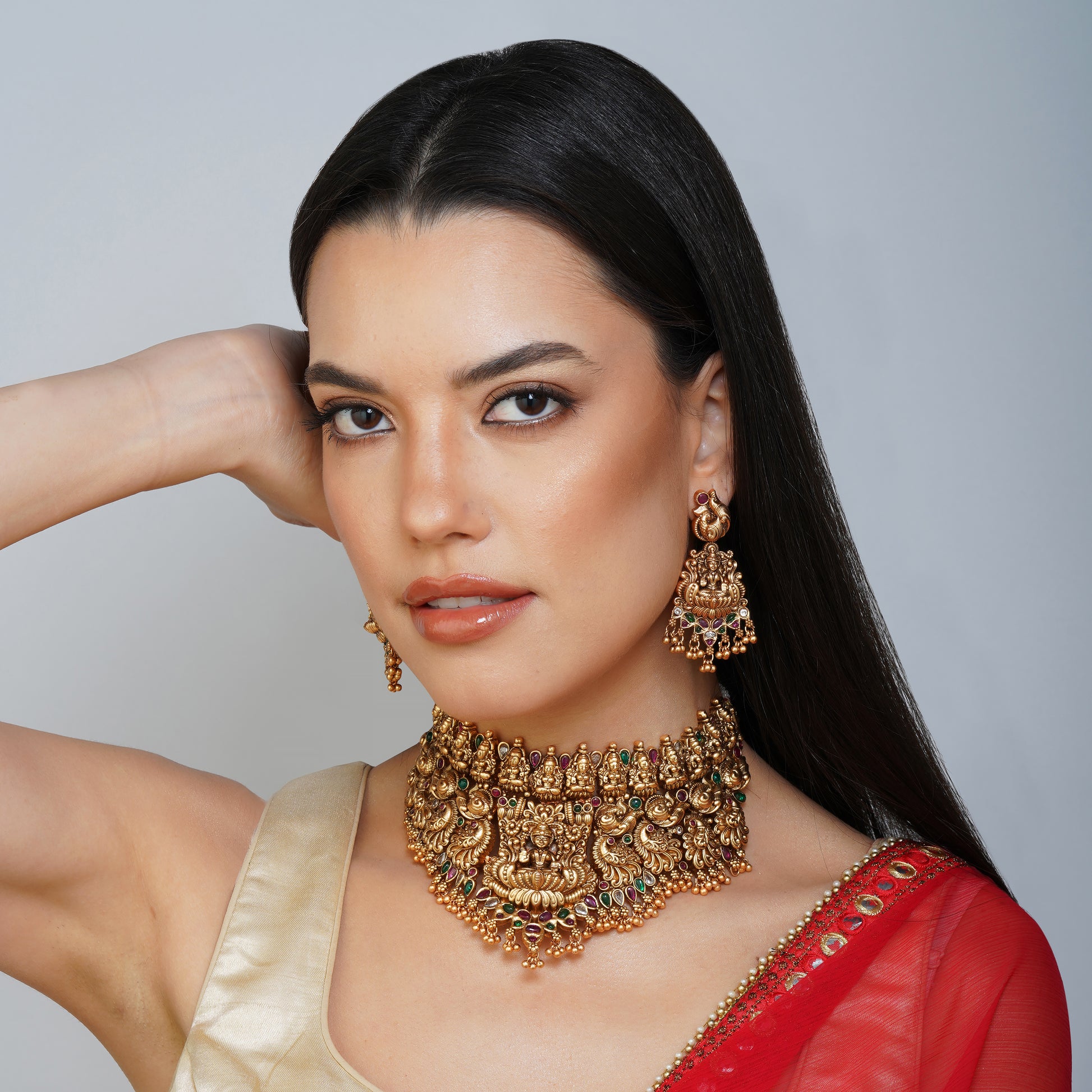 Opulent Goddess Laxmi Celebration Choker Necklace Set Detail Shot | Traditional Jewellery | Saajo