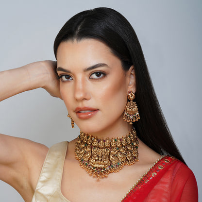 Opulent Goddess Laxmi Celebration Choker Necklace Set Detail Shot | Traditional Jewellery | Saajo
