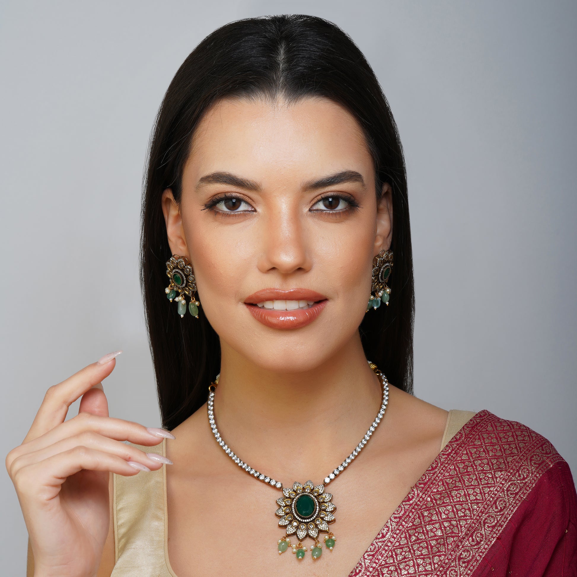 Iridescent Emerald Diamond Floral Radiance Necklace | Premium Indian Jewellery | Saajo