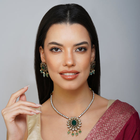 Iridescent Emerald Diamond Floral Radiance Necklace | Premium Indian Jewellery | Saajo