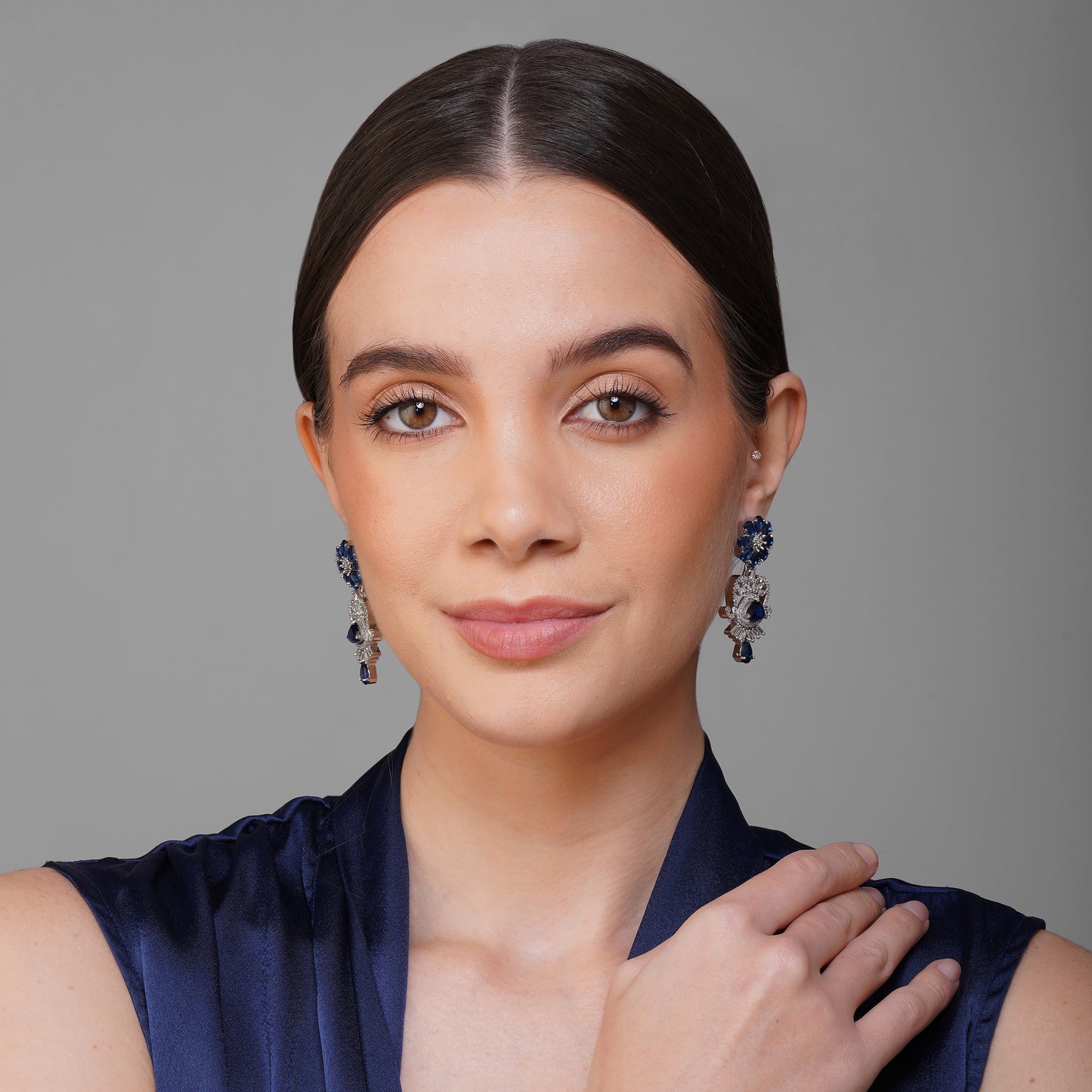 Cerulean Floral Cascade Blue CZ Earrings Detail Shot | Traditional Jewellery | Saajo