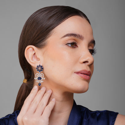 Cerulean Floral Cascade Blue CZ Earrings Close Up | Indian Jewellery | Saajo