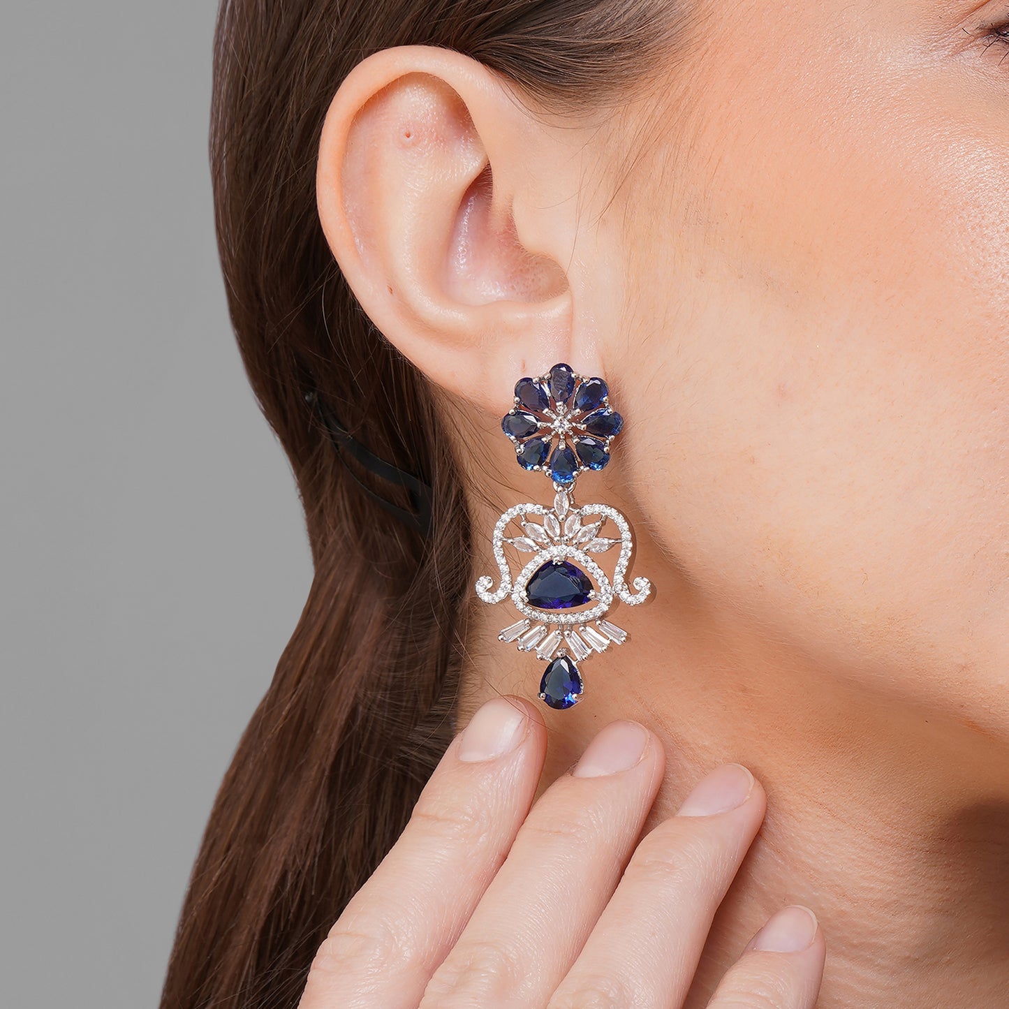 Cerulean Floral Cascade Blue CZ Earrings | Premium Indian Jewellery | Saajo