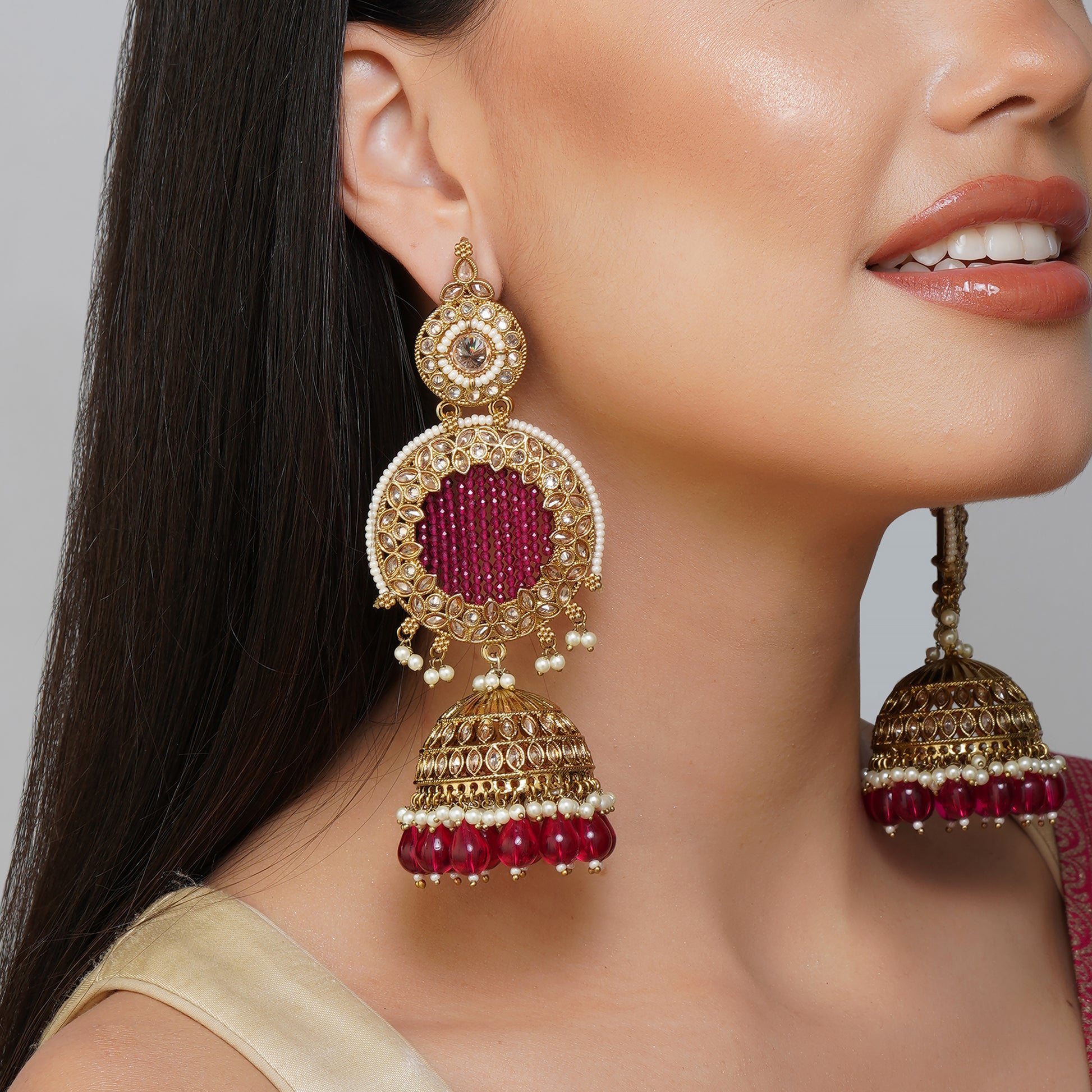 Crimson Lunar Red Bead Fall Jhumka Earrings | Premium Indian Jewellery | Saajo