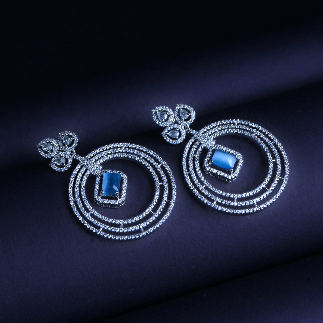 Ambitious Aura Columbia Blue CZ Dangler Earrings | Premium Indian Jewellery | Saajo