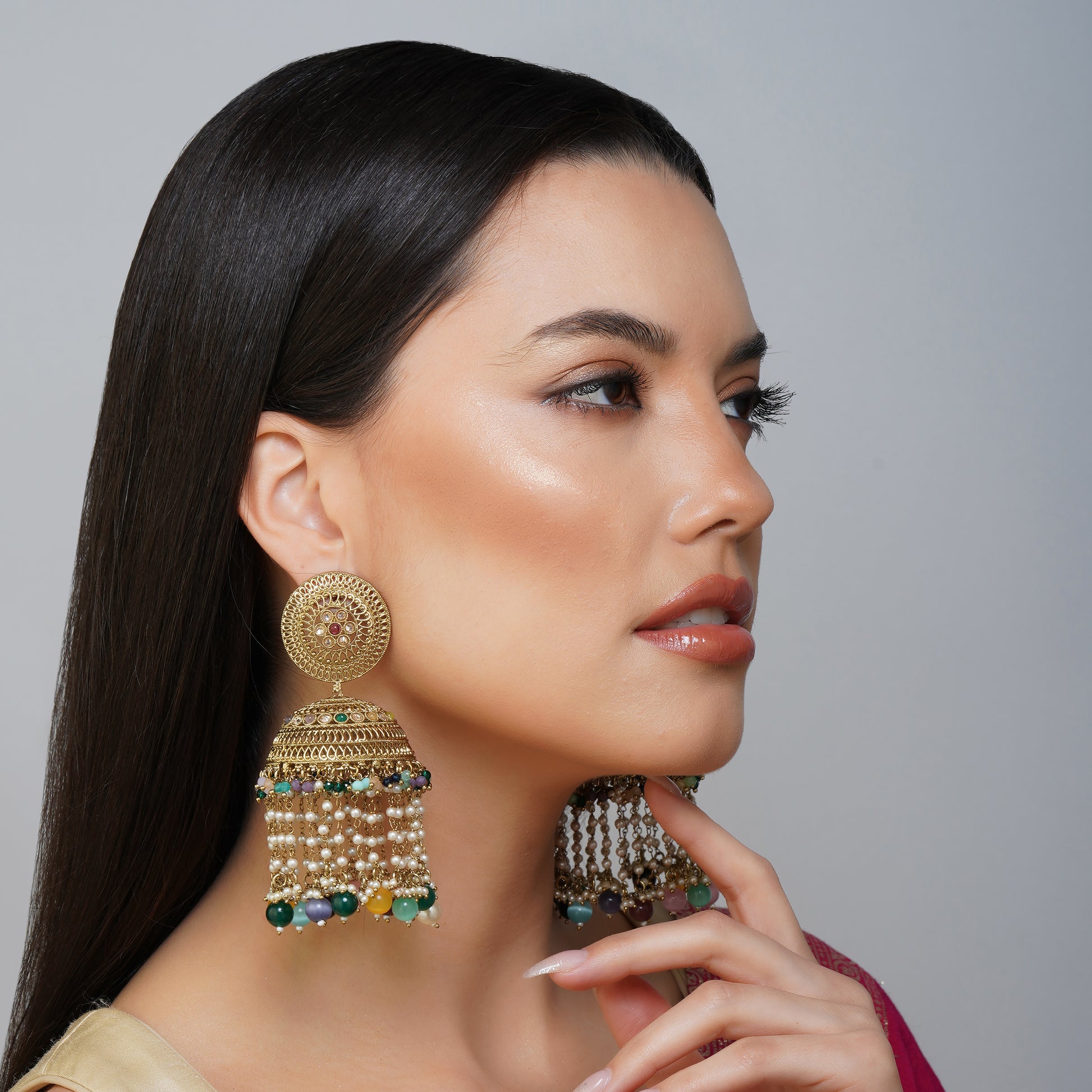 Colorburst Bloom Multicolour CZ Gemstone Jhumka Earrings Styled Look | Indian Jewellery | Saajo