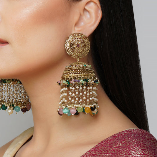 Colorburst Bloom Multicolour CZ Gemstone Jhumka Earrings | Premium Indian Jewellery | Saajo