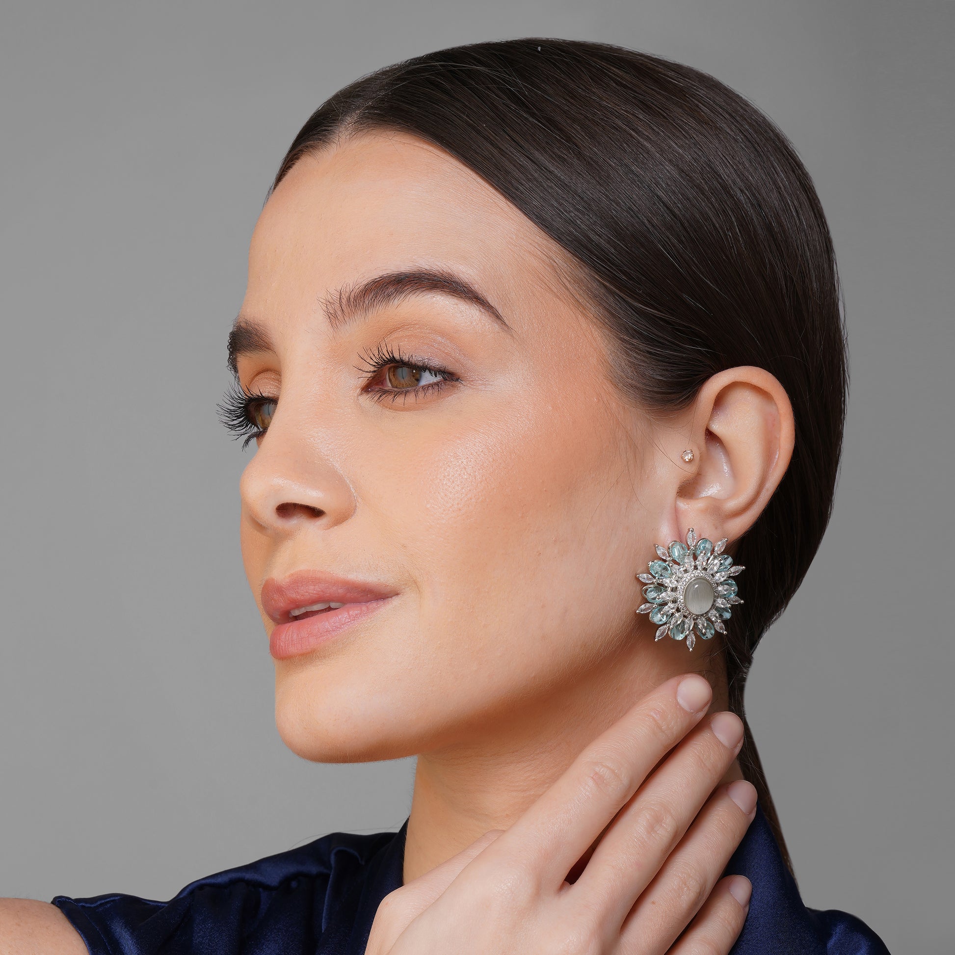 Cerulean Radiant Pastel Blue CZ Circular Earrings Styled Look | Indian Jewellery | Saajo
