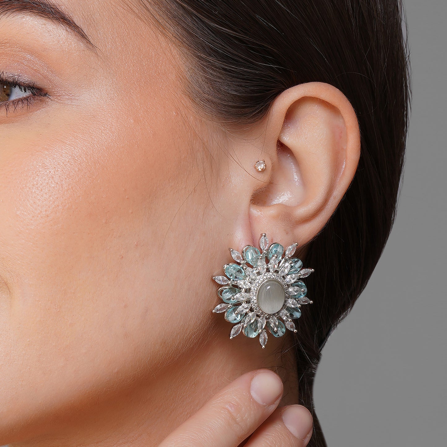 Cerulean Radiant Pastel Blue CZ Circular Earrings | Premium Indian Jewellery | Saajo