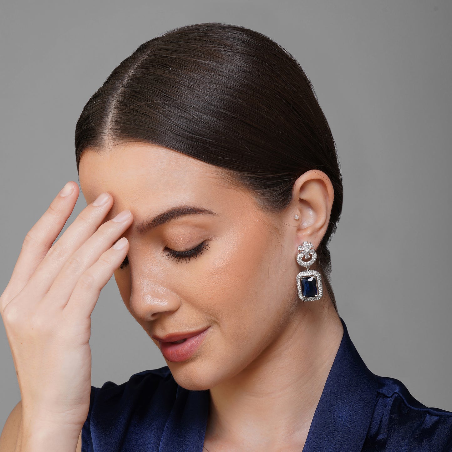 Cobalt Blossom Blue CZ Rectangle Earrings Styled Look | Indian Jewellery | Saajo