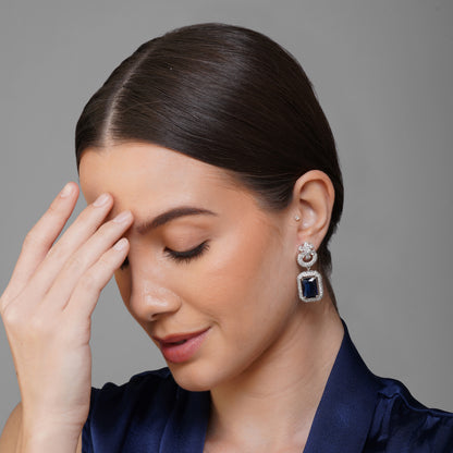 Cobalt Blossom Blue CZ Rectangle Earrings Styled Look | Indian Jewellery | Saajo