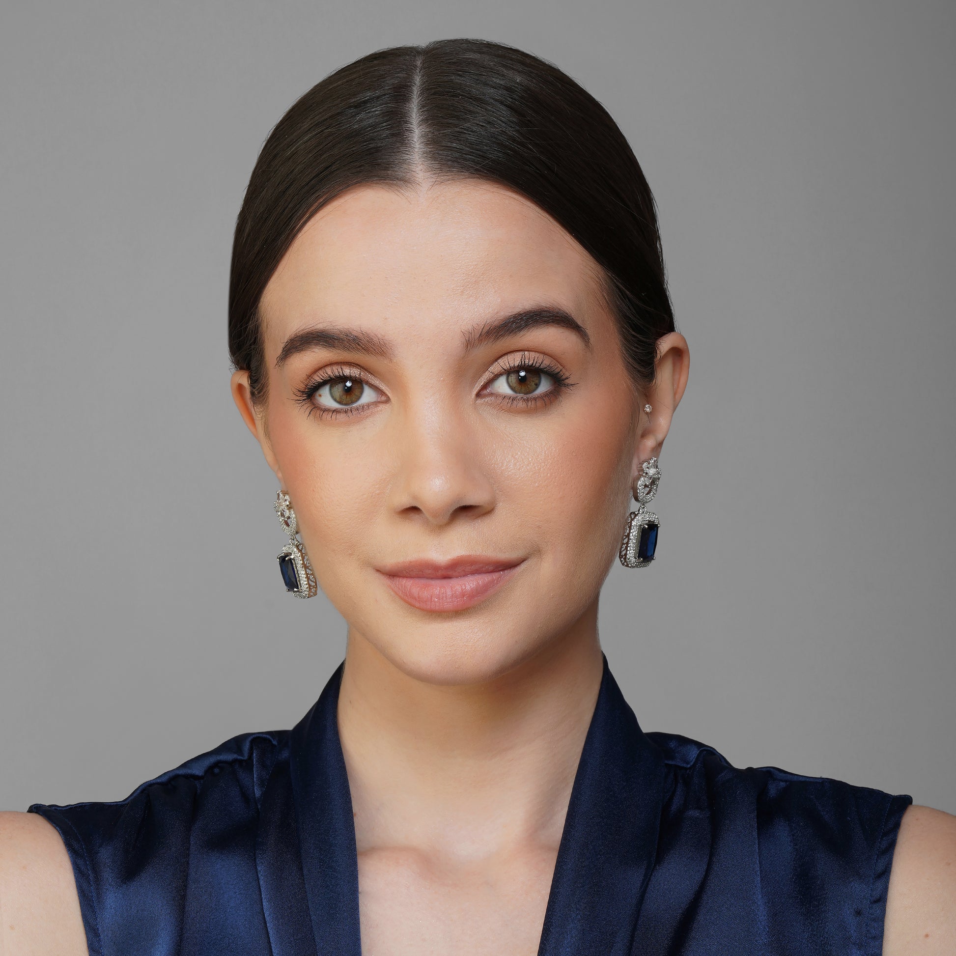 Cobalt Blossom Blue CZ Rectangle Earrings Detail Shot | Traditional Jewellery | Saajo