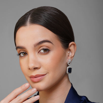 Cobalt Blossom Blue CZ Rectangle Earrings Close Up | Indian Jewellery | Saajo