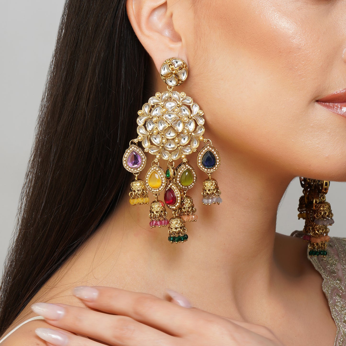 Colorful Cosmos Multicolour Kundan Petal Earrings | Premium Indian Jewellery | Saajo
