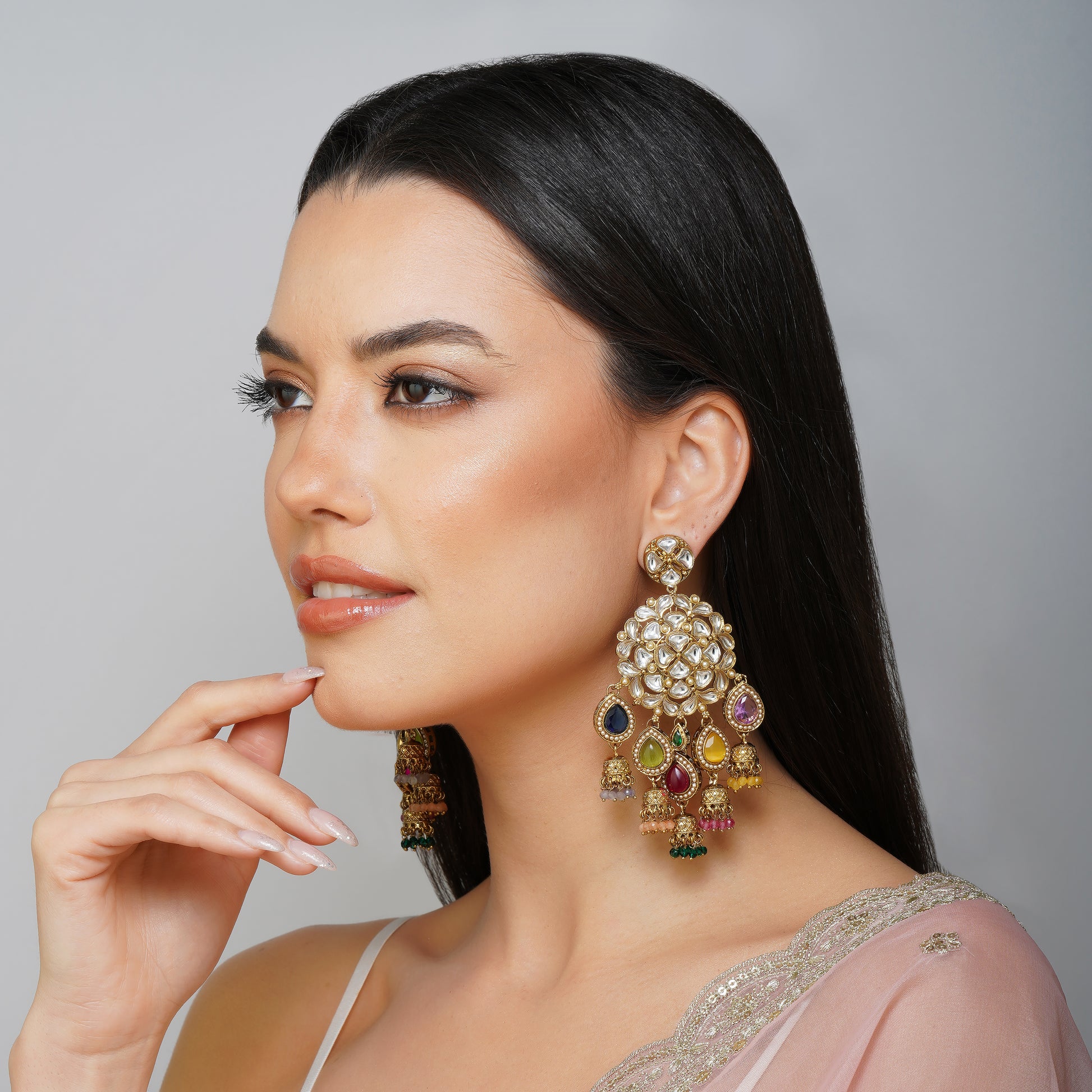 Colorful Cosmos Multicolour Kundan Petal Earrings Detail Shot | Traditional Jewellery | Saajo