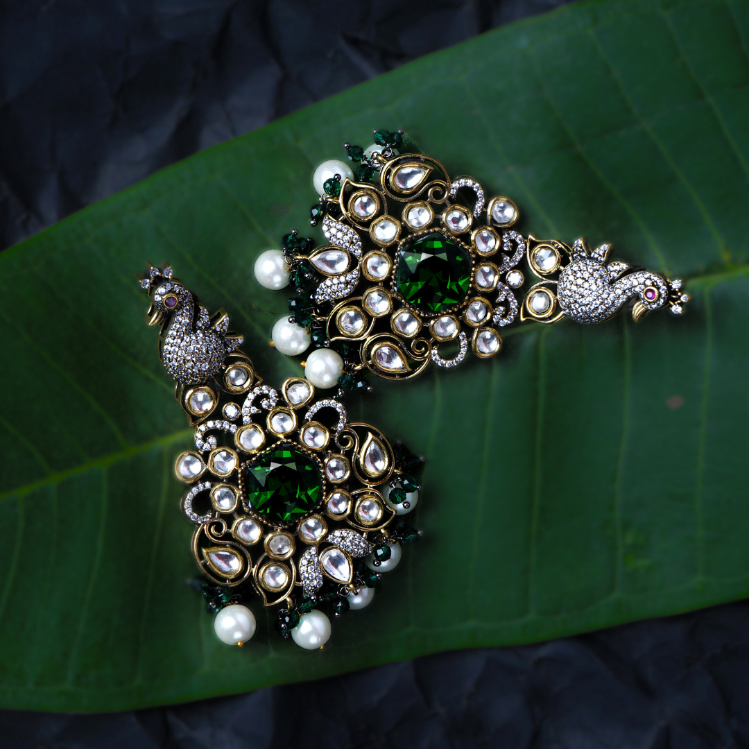 Peacock Splendor Green & Gold Kundan Dangler Earrings | Premium Indian Jewellery | Saajo