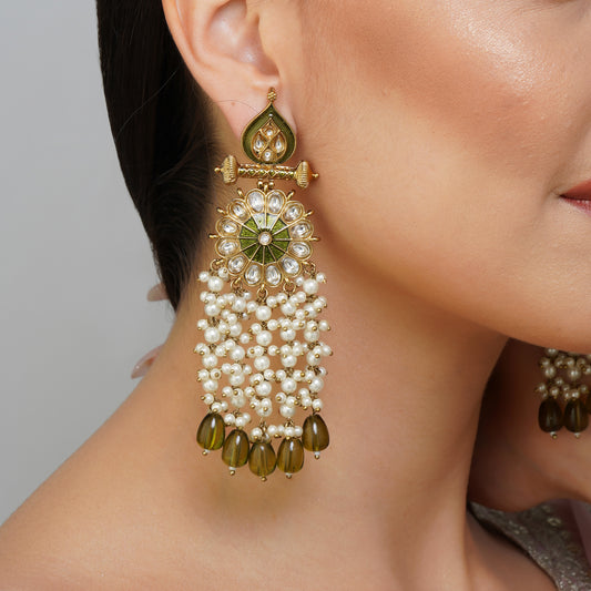 Mehndi Prism Whirl Mehndi Green Kundan Jhumki Earrings | Premium Indian Jewellery | Saajo
