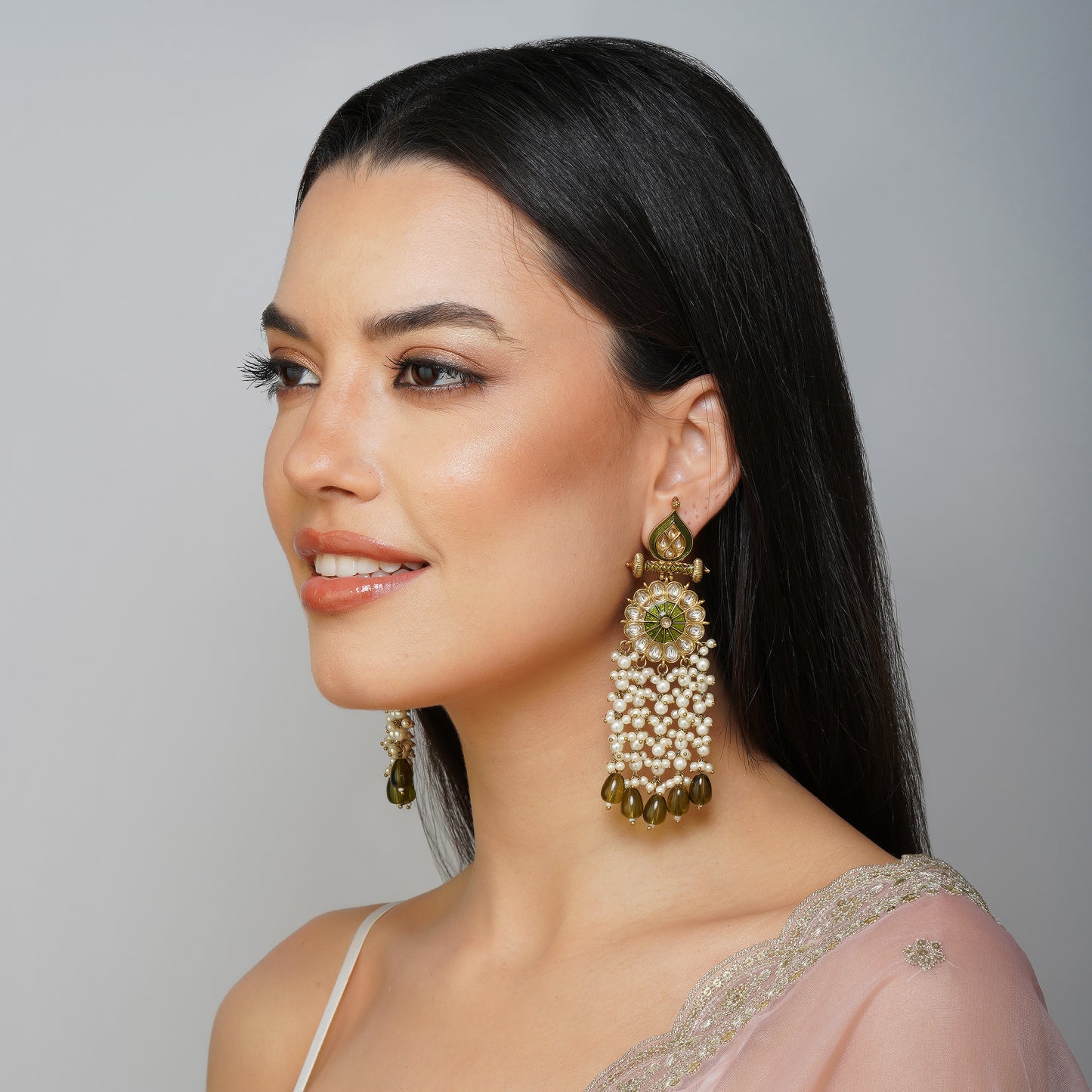 Mehndi Prism Whirl Mehndi Green Kundan Jhumki Earrings Detail Shot | Traditional Jewellery | Saajo