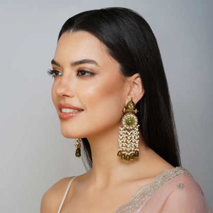 Mehndi Prism Whirl Mehndi Green Kundan Jhumki Earrings Detail Shot | Traditional Jewellery | Saajo