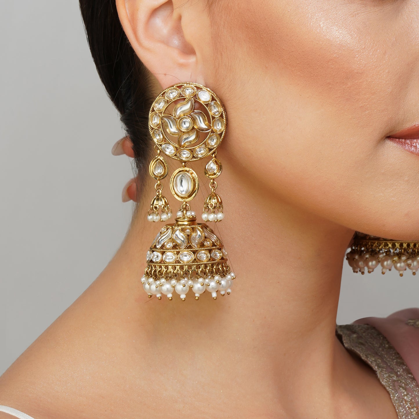 Frosty Halo Whirl White Kundan Earrings Styled Look | Indian Jewellery | Saajo