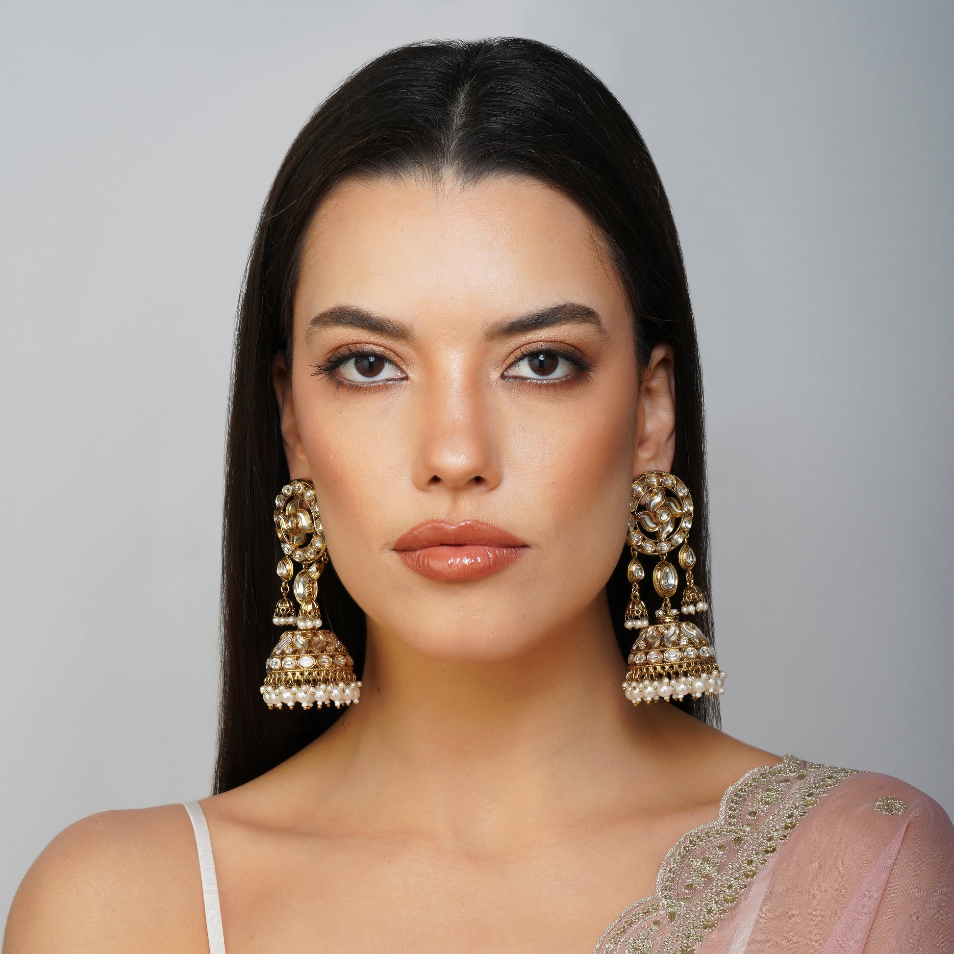 Frosty Halo Whirl White Kundan Earrings Detail Shot | Traditional Jewellery | Saajo