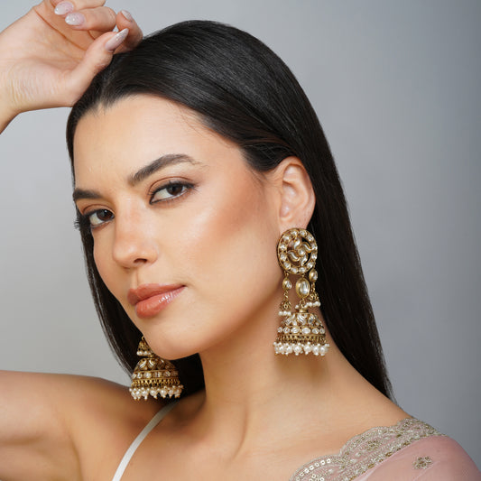 Frosty Halo Whirl White Kundan Earrings | Premium Indian Jewellery | Saajo