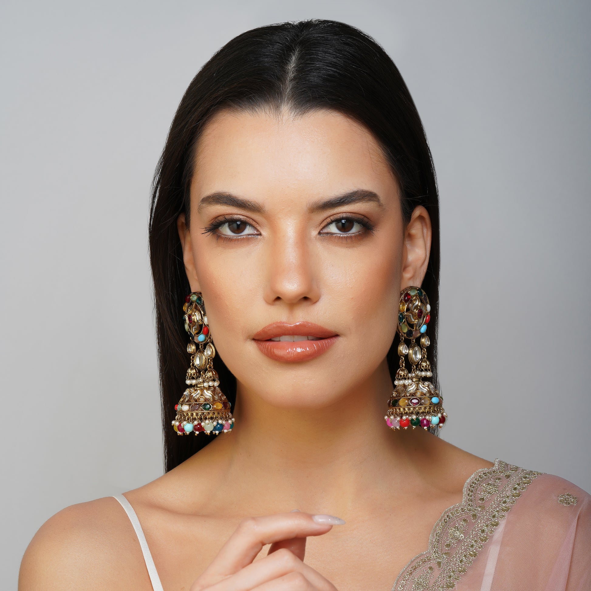Chromatic Gemstone Halo Multicolour CZ Earrings Styled Look | Indian Jewellery | Saajo
