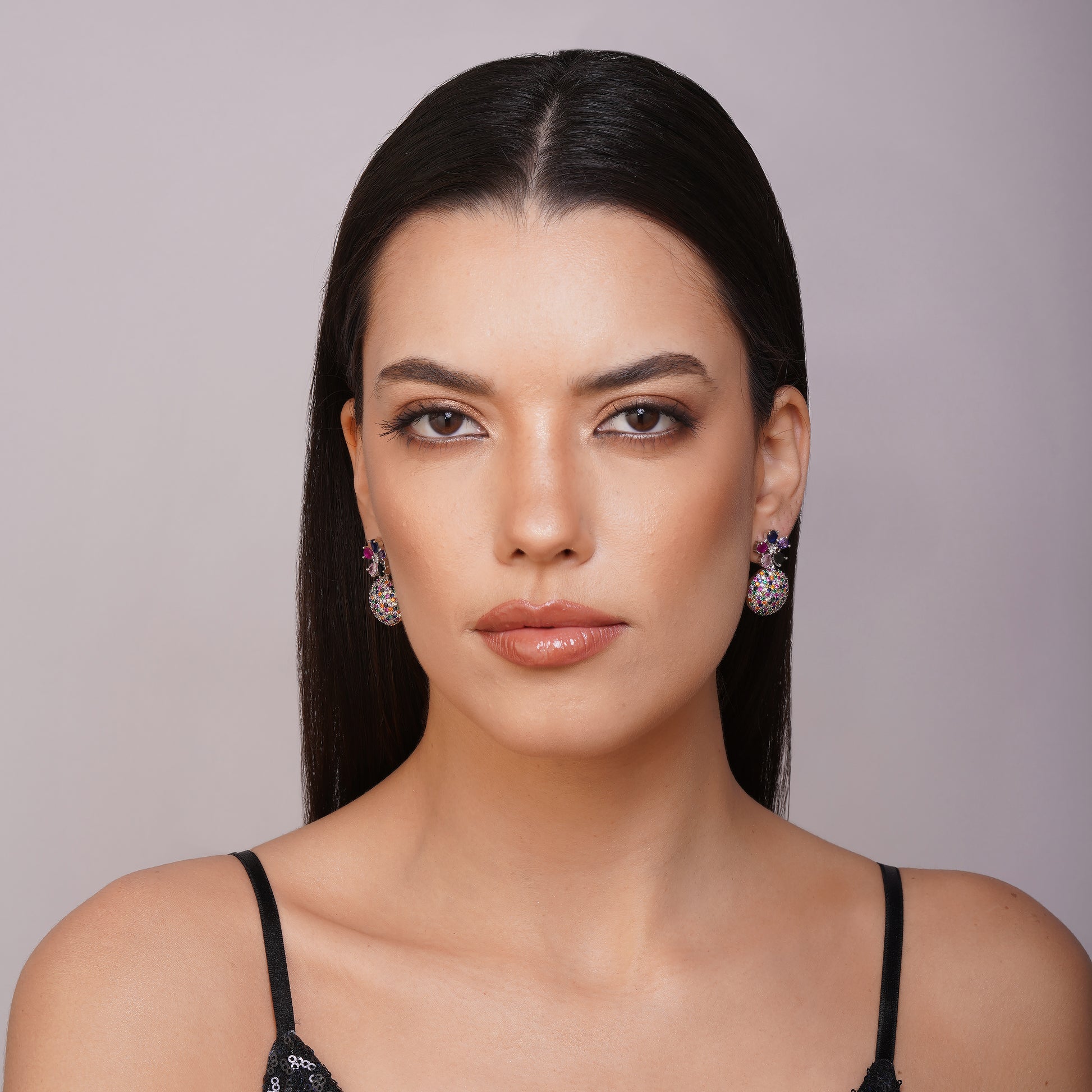 Aurora Starlight Orbit Multicolour CZ Earrings Detail Shot | Traditional Jewellery | Saajo