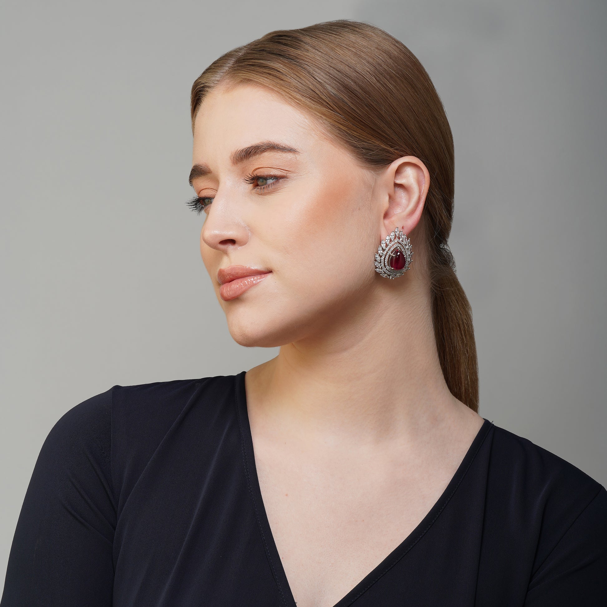 Crimson Cascade Leaf Crimson Red CZ Earrings Close Up | Indian Jewellery | Saajo