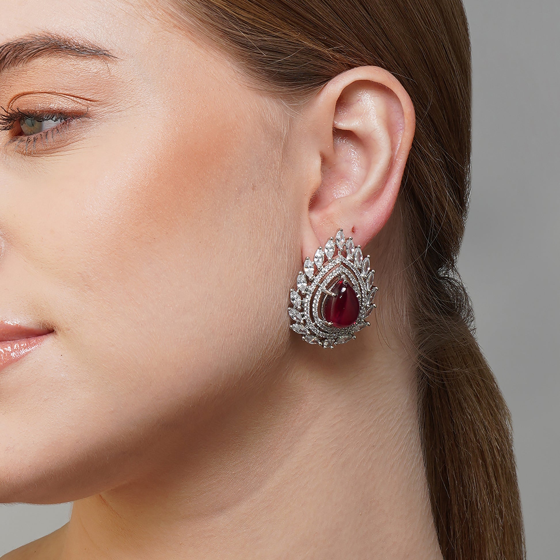Crimson Cascade Leaf Crimson Red CZ Earrings | Premium Indian Jewellery | Saajo